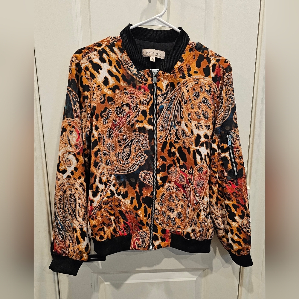 Philosophy Bomber Jacket Black and Brown with Paisley and Leopard Print